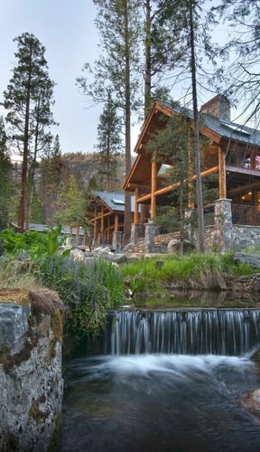 Log cabin with stone chimney beside a cascading creek at dusk, surrounded by pines