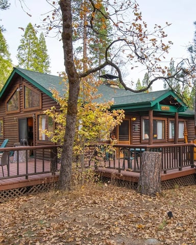 Log cabin with green roof and wide wraparound deck among autumn pines