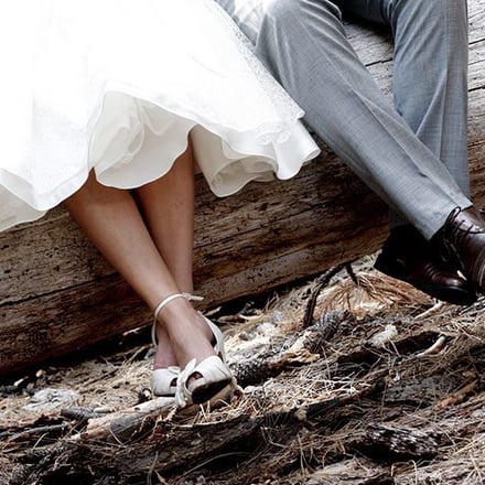 Bride and groom sitting on a log in a forest clearing