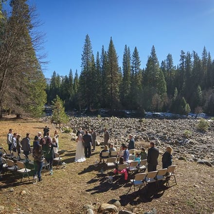 Wedding ceremony in Wawona with guests seated outdoors