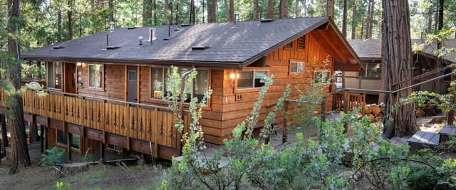 Wood cabin with wraparound deck nestled among tall pine and redwood trees in forest setting